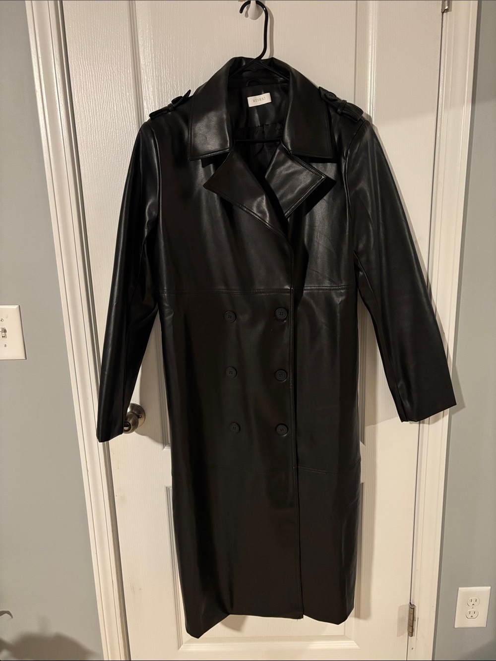 Meshki Black Faux Leather Double-Breasted Trench Coat